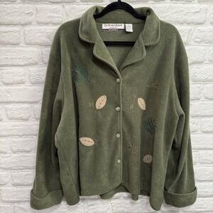 Vtg Embroidered Fall Fleece Leaf Long Sleeve Button Up Top Women Size 2XL Autum